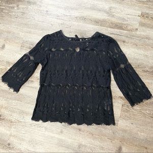 Black 3/4 sleeve eyelash lace top. Size L